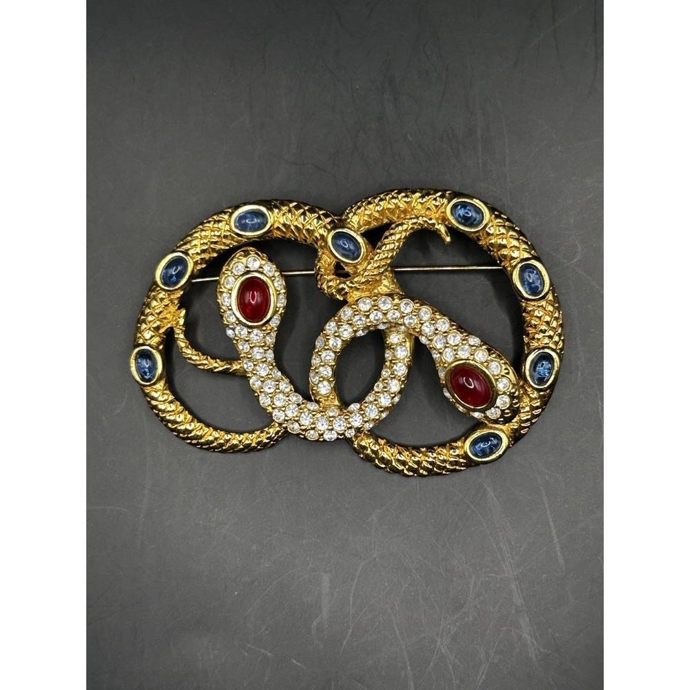 Vintage KJL Kenneth Jay Lane MEDUSA Brooch Pin Gold Snakes Cabochons Rhinestones - Picture 6 of 6